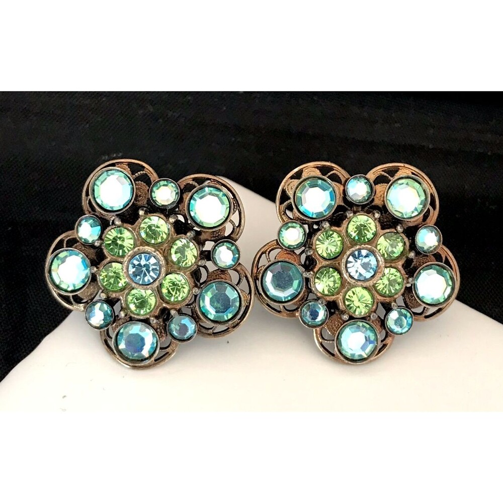 Vintage Kirks Folly Earrings Clip Blue Green Crystals Antique Gold Tone - 7H